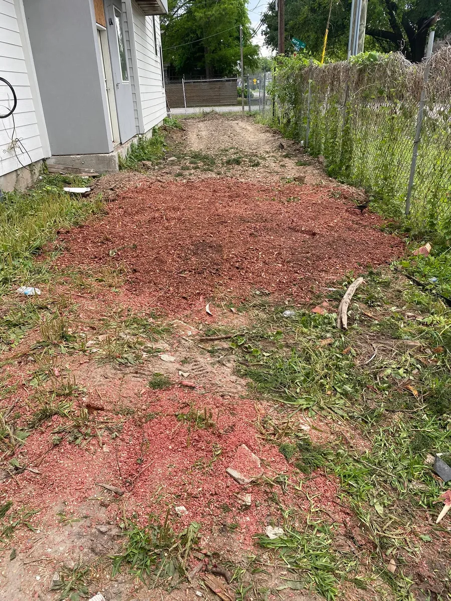 Stump area ground down to wood chips beside a house